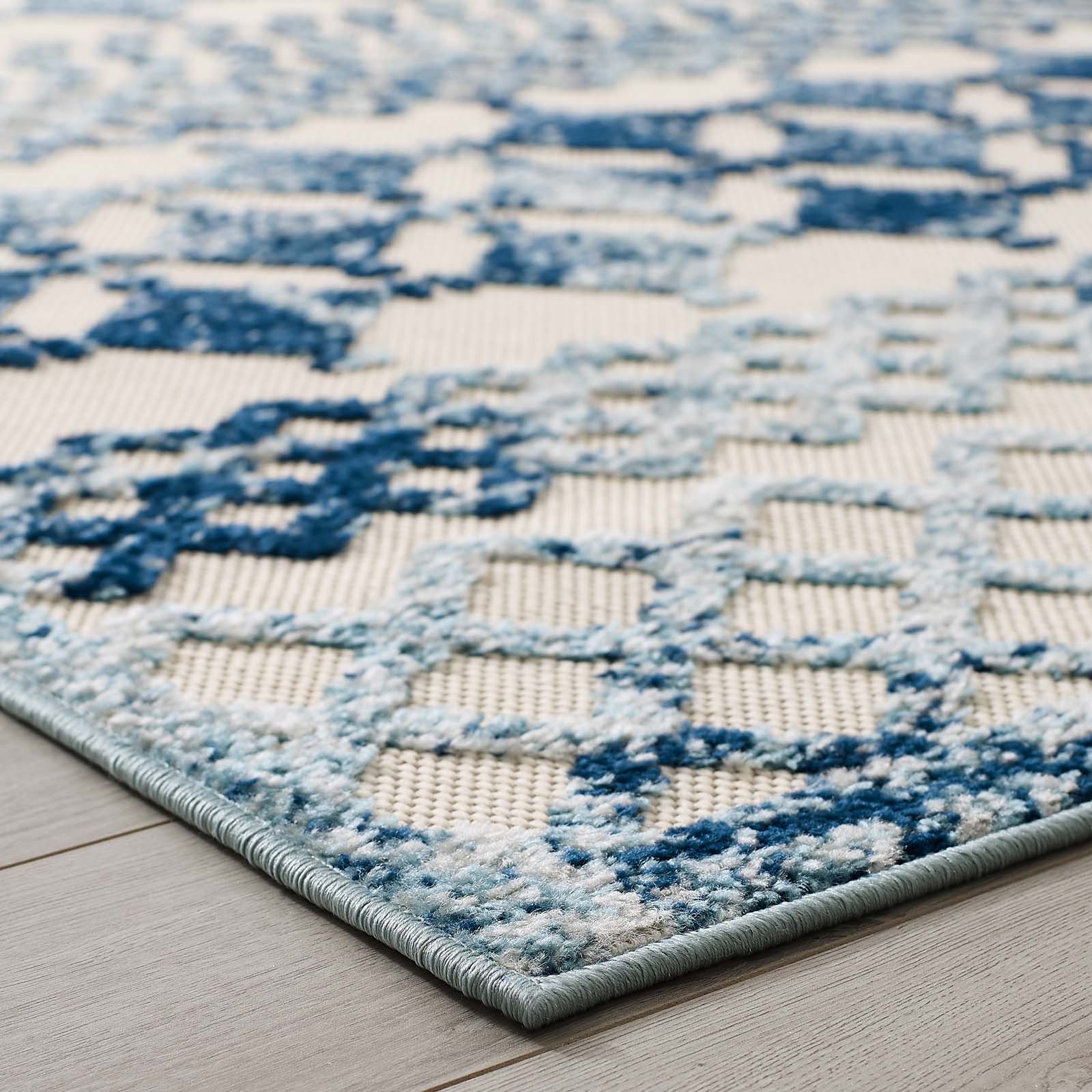 Modway Reflect Giada Distressed Vintage Abstract Diamond Moroccan Trellis 8x10 Indoor and Outdoor Area Rug Ivory and Blue | Rugs | Modishstore-6