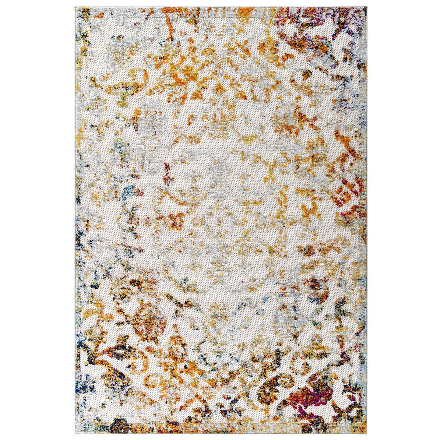 Modway Reflect Primrose Distressed Vintage Ornate Floral Lattice 8x10 Indoor and Outdoor Area Rug Ivory, Light Blue, Multicolored | Rugs | Modishstore-2