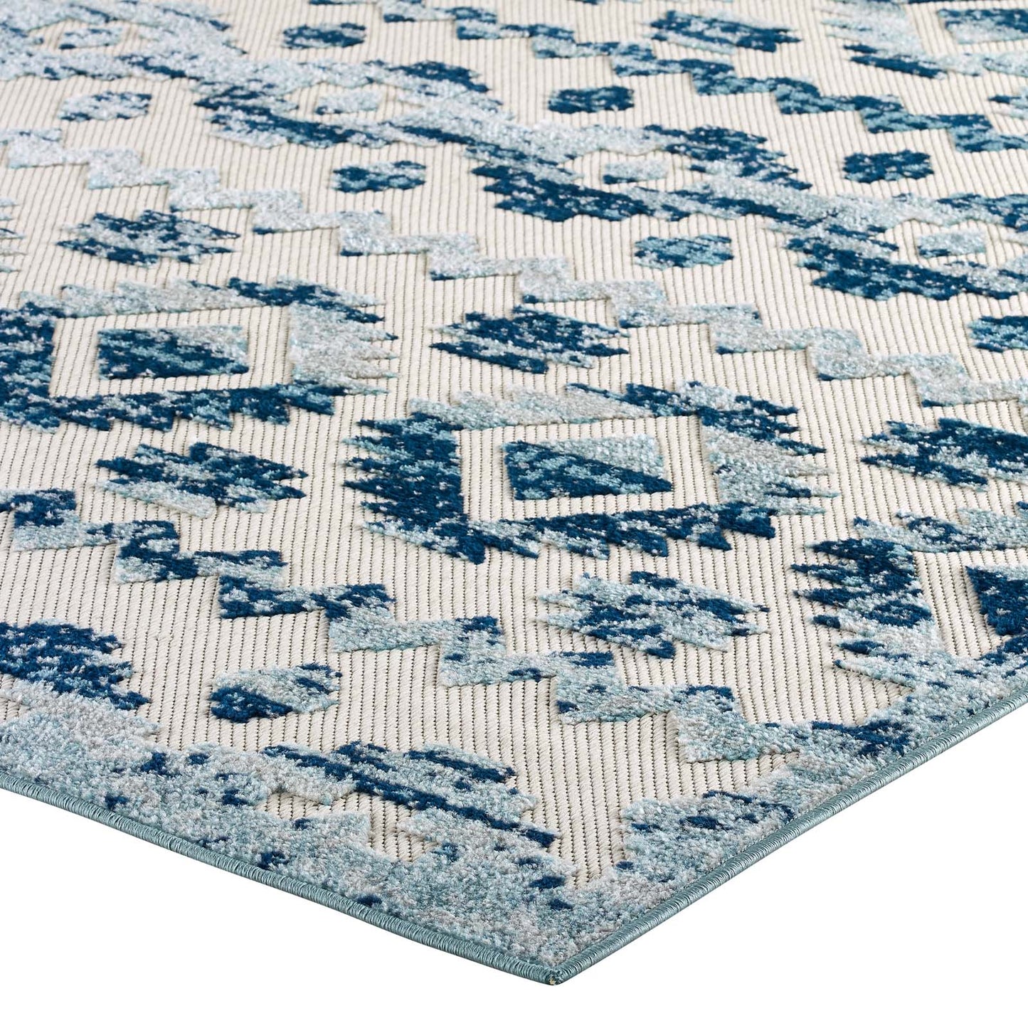 Modway Reflect Takara Distressed Contemporary Abstract Diamond Moroccan Trellis 8x10 Indoor and Outdoor Area Rug Ivory and Blue | Rugs | Modishstore-4