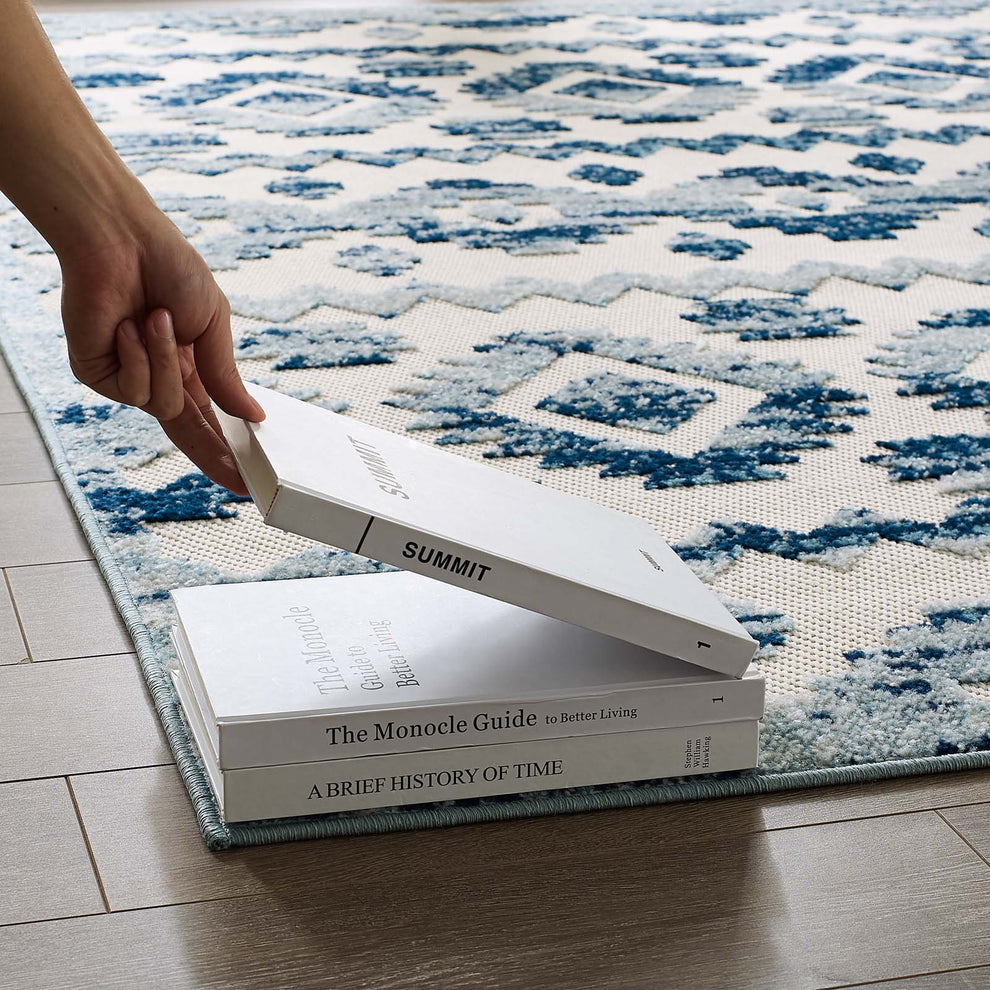 Modway Reflect Takara Distressed Contemporary Abstract Diamond Moroccan Trellis 8x10 Indoor and Outdoor Area Rug Ivory and Blue - R-1180-810 | Rugs | Modishstore - 7