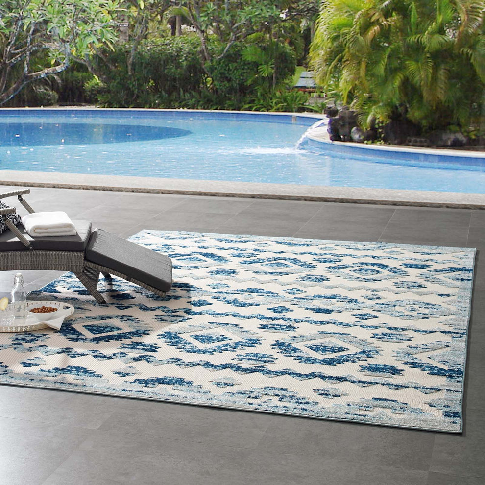 Modway Reflect Takara Distressed Contemporary Abstract Diamond Moroccan Trellis 8x10 Indoor and Outdoor Area Rug Ivory and Blue - R-1180-810 | Rugs | Modishstore - 8