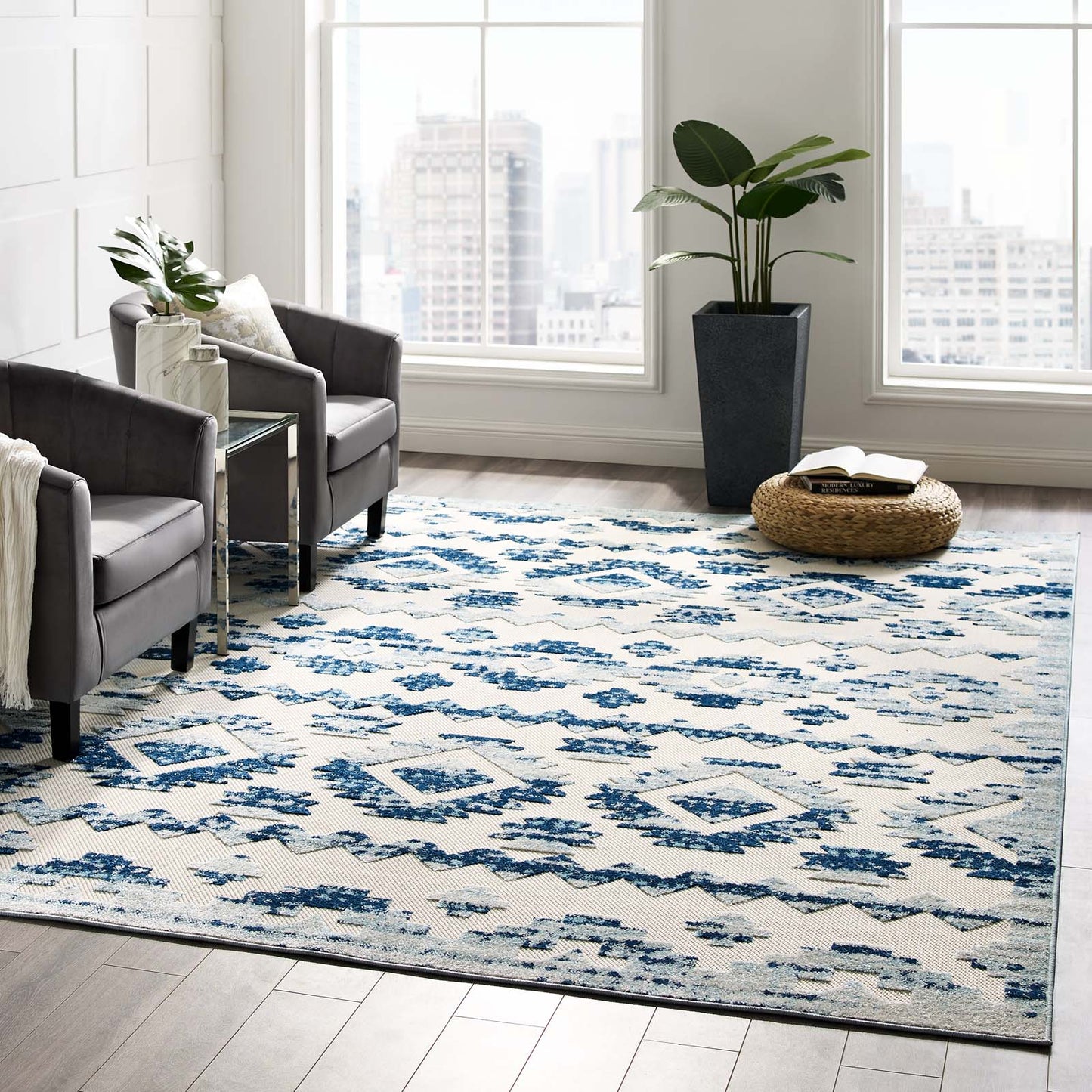 Modway Reflect Takara Distressed Contemporary Abstract Diamond Moroccan Trellis 8x10 Indoor and Outdoor Area Rug Ivory and Blue | Rugs | Modishstore