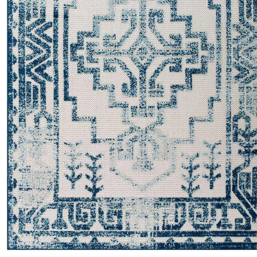 Modway Reflect Nyssa Distressed Geometric Southwestern Aztec 8x10 Indoor and Outdoor Area Rug Ivory and Blue - R-1181-810 | Rugs | Modishstore - 3