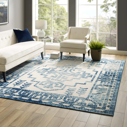 Modway Reflect Nyssa Distressed Geometric Southwestern Aztec 8x10 Indoor and Outdoor Area Rug Ivory and Blue | Rugs | Modishstore