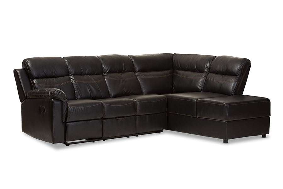 baxton studio roland modern and contemporary black faux leather 2 piece sectional with recliner and storage chaise | Modish Furniture Store-2