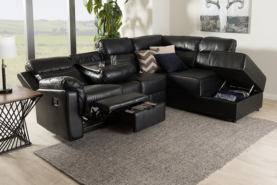 baxton studio roland modern and contemporary black faux leather 2 piece sectional with recliner and storage chaise | Modish Furniture Store-9