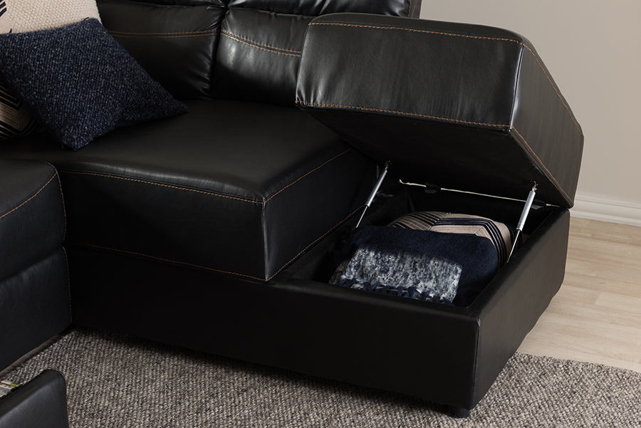 baxton studio roland modern and contemporary black faux leather 2 piece sectional with recliner and storage chaise | Modish Furniture Store-11