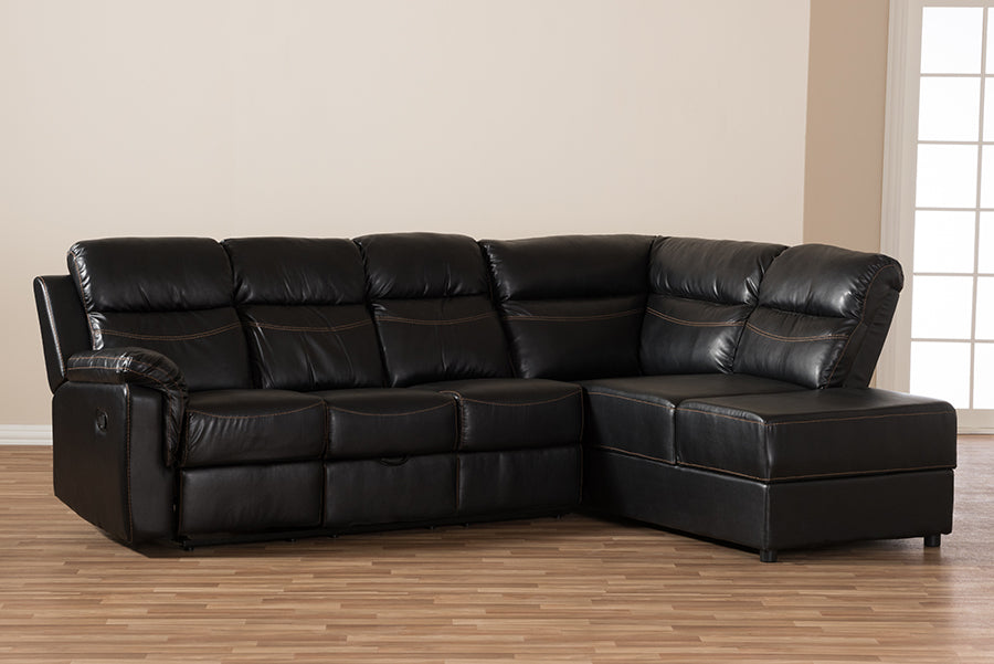 baxton studio roland modern and contemporary black faux leather 2 piece sectional with recliner and storage chaise | Modish Furniture Store-13