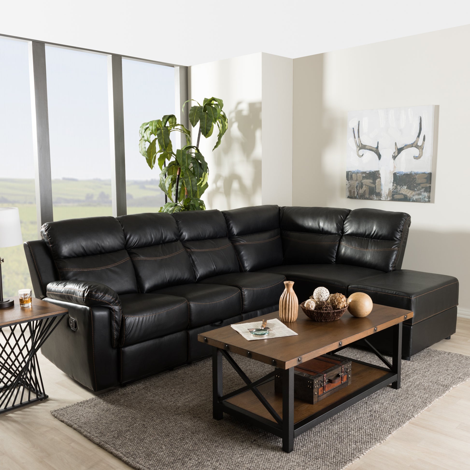 baxton studio roland modern and contemporary black faux leather 2 piece sectional with recliner and storage chaise | Modish Furniture Store-14