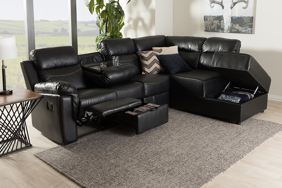baxton studio roland modern and contemporary black faux leather 2 piece sectional with recliner and storage chaise | Modish Furniture Store-8