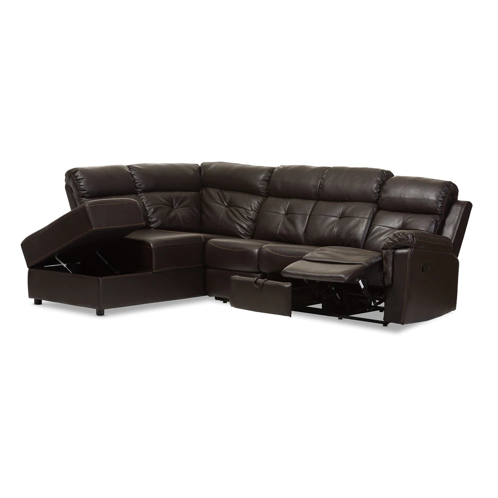 Baxton Studio Roland Modern and Contemporary Dark Brown Faux Leather 2-Piece Sectional with Recliner and Storage Chaise | Sofas | Modishstore - 8