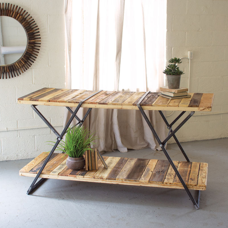 Kalalou Reclaimed Wood Two Tiered Display Tables With Folding Iron Base | Modishstore | Console Tables