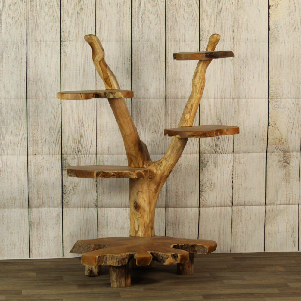 Live edge teak wood shelving unit made from aged organic wood as recycled repurposeddisplay unit-2