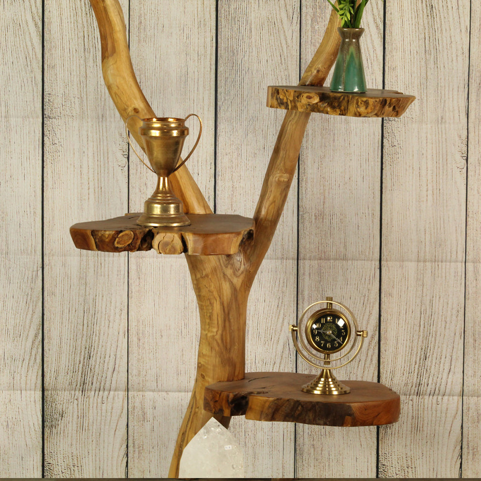 Live edge teak wood shelving unit made from aged organic wood as recycled repurposed display unit-8