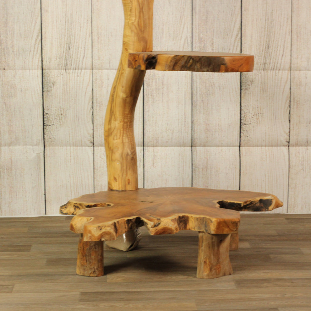 Live edge teak wood shelving unit made from aged organic wood as recycled repurposed display unit-7