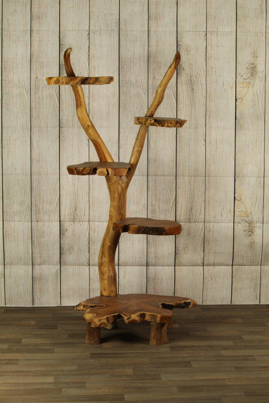 Live edge teak wood shelving unit made from aged organic wood as recycled repurposed display unit-11