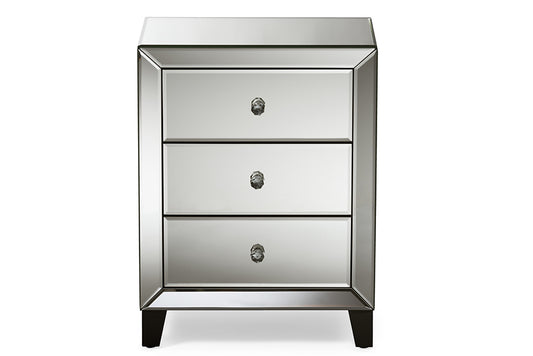 Baxton Studio Chevron Modern and Contemporary Hollywood Regency Glamour Style Mirrored 3-Drawers Nightstand Bedside Table | Modishstore | Nightstands