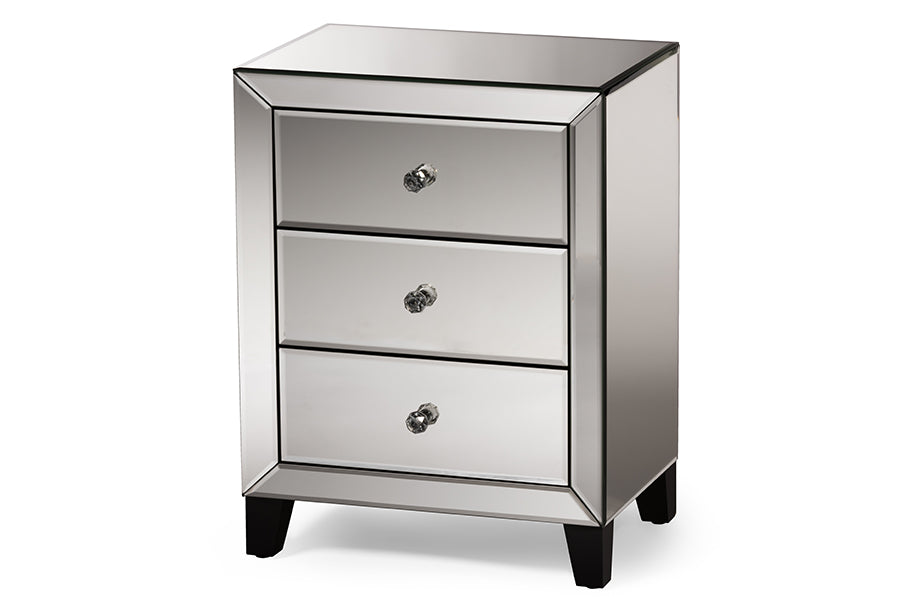 baxton studio chevron modern and contemporary hollywood regency glamour style mirrored 3 drawers nightstand bedside table | Modish Furniture Store-2