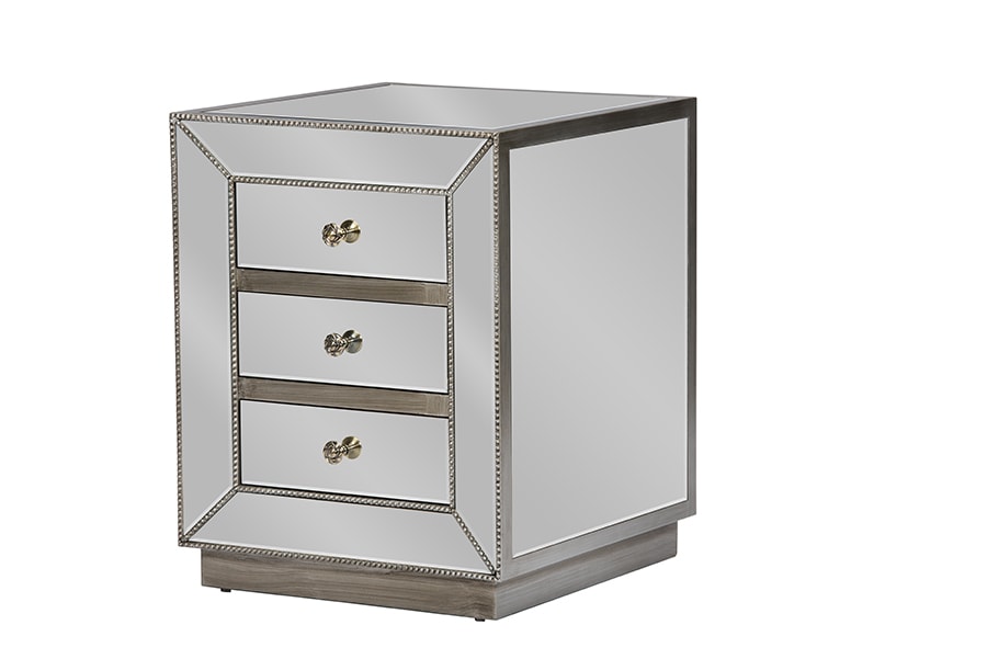 baxton studio currin contemporary mirrored 3 drawer nightstand | Modish Furniture Store-3