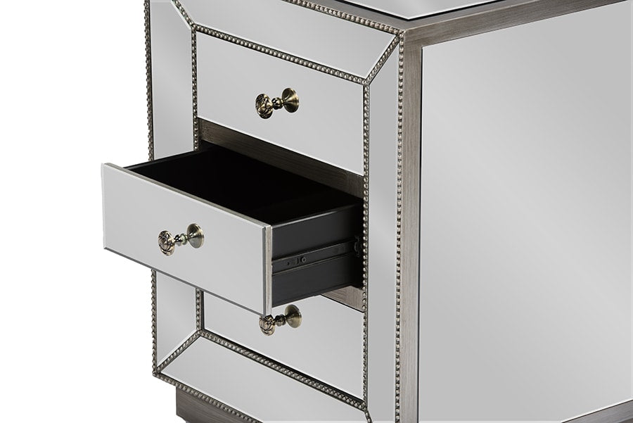 baxton studio currin contemporary mirrored 3 drawer nightstand | Modish Furniture Store-5