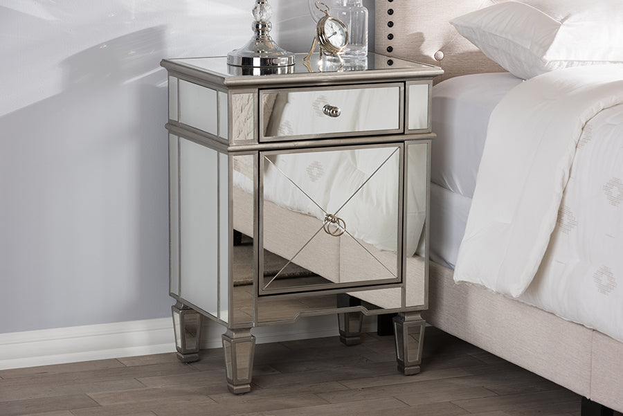 Baxton Studio Claudia Hollywood Regency Glamour Style Mirrored Nightstand | Modishstore | Nightstands