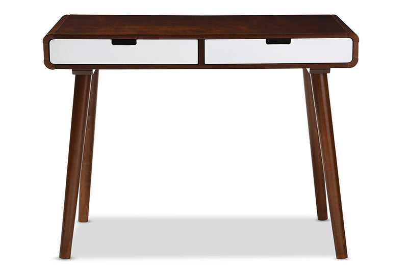 Baxton Studio Casarano Mid-century Modern Dark Walnut and White Two-tone Finish 2-drawer Wood Home Office Writing Desk | Modishstore | Desks