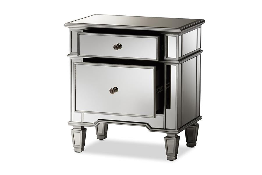 baxton studio sussie hollywood regency glamour style mirrored 2 drawer nightstand | Modish Furniture Store-2