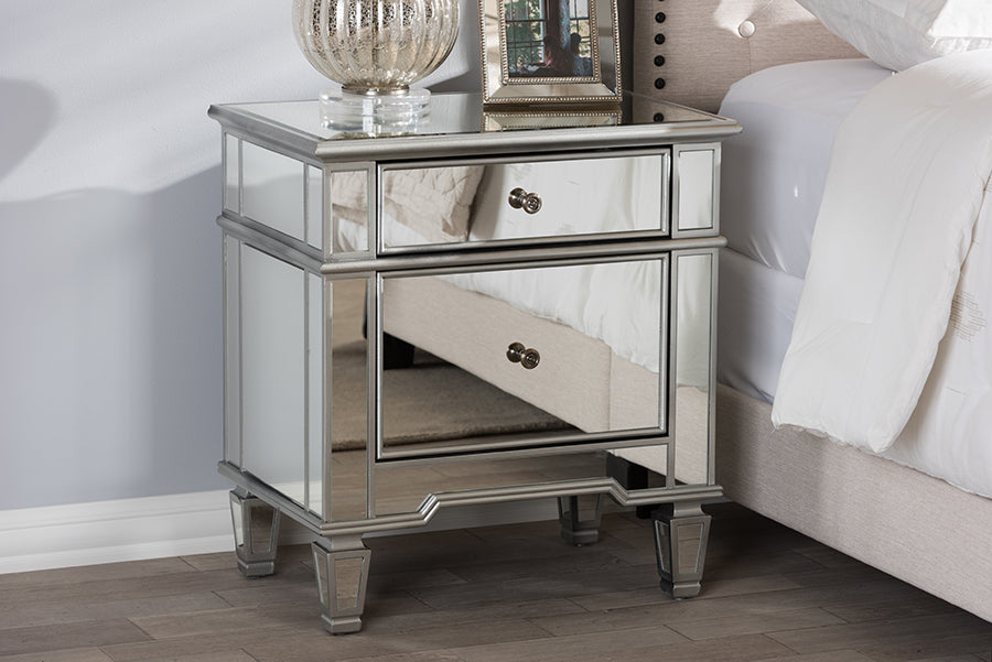 Baxton Studio Sussie Hollywood Regency Glamour Style Mirrored 2-Drawer Nightstand | Modishstore | Nightstands