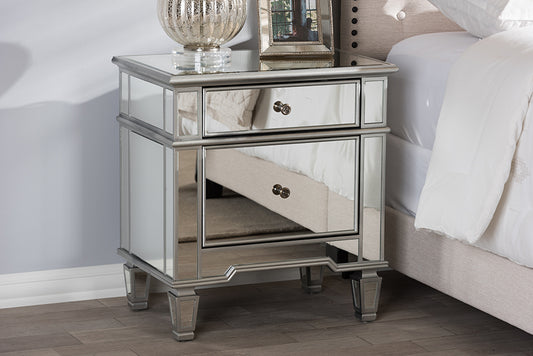 Baxton Studio Sussie Hollywood Regency Glamour Style Mirrored 2-Drawer Nightstand | Modishstore | Nightstands