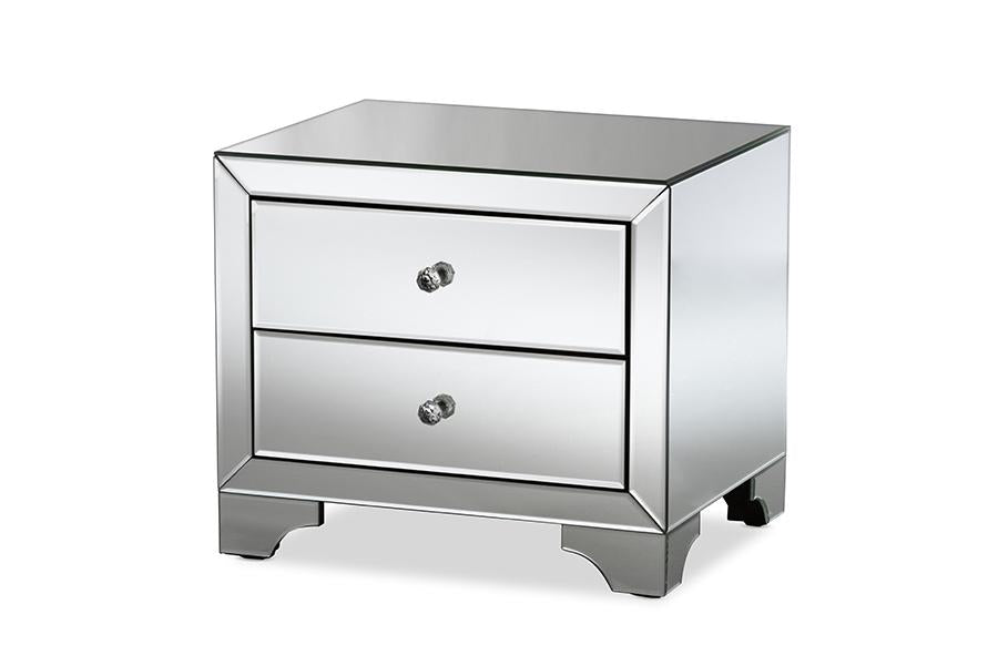 baxton studio farrah hollywood regency glamour style mirrored 2 drawer nightstand | Modish Furniture Store-2