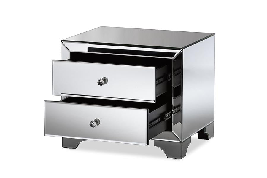 baxton studio farrah hollywood regency glamour style mirrored 2 drawer nightstand | Modish Furniture Store-3