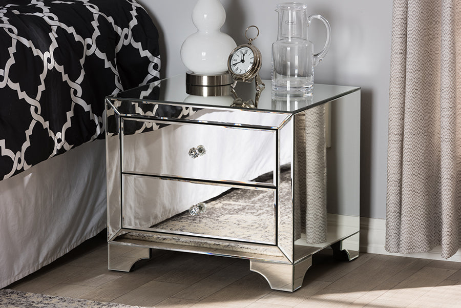 Baxton Studio Farrah Hollywood Regency Glamour Style Mirrored 2-Drawer Nightstand | Modishstore | Nightstands