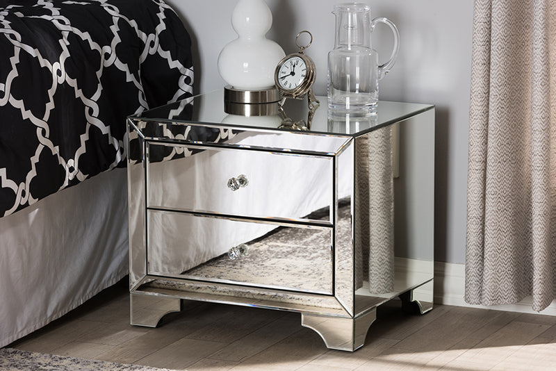 Baxton Studio Farrah Hollywood Regency Glamour Style Mirrored 2-Drawer Nightstand | Modishstore | Nightstands