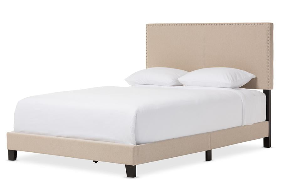 baxton studio ramon modern and contemporary beige linen upholstered queen size bed with nail heads | Modish Furniture Store-2
