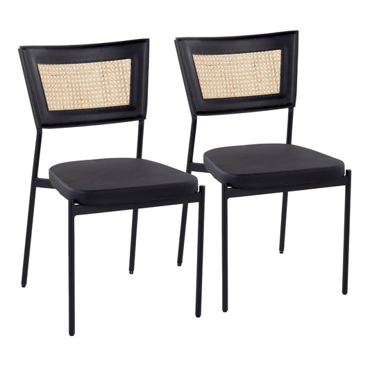 Rattan Tania Contemporary Dining Chair in Black Metal, Black Faux Leather, and Rattan Back By LumiSource - Set of 2 | Dining Chairs | Modishstore