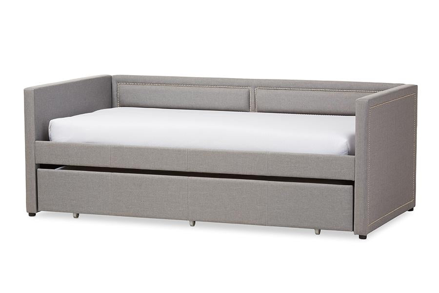 baxton studio raymond modern and contemporary grey fabric nail heads trimmed sofa twin daybed with roll out trundle guest bed | Modish Furniture Store-2