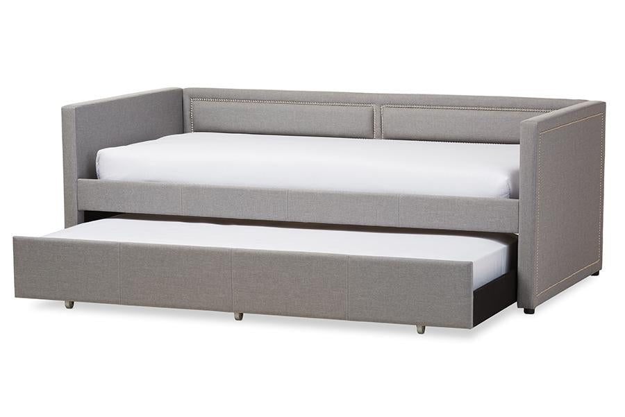 baxton studio raymond modern and contemporary grey fabric nail heads trimmed sofa twin daybed with roll out trundle guest bed | Modish Furniture Store-3