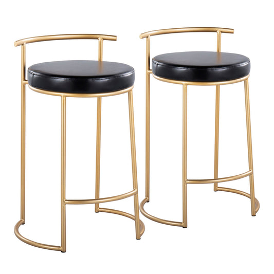 Round Fuji 26" Contemporary Fixed-Height Counter Stool in Gold Metal and Black Faux Leather By LumiSource - Set of 2 | Counter Stools | Modishstore