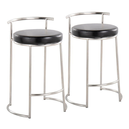 Round Fuji 26" Contemporary Fixed-Height Counter Stool in Stainless Steel and Black Faux Leather By LumiSource - Set of 2 | Counter Stools | Modishstore