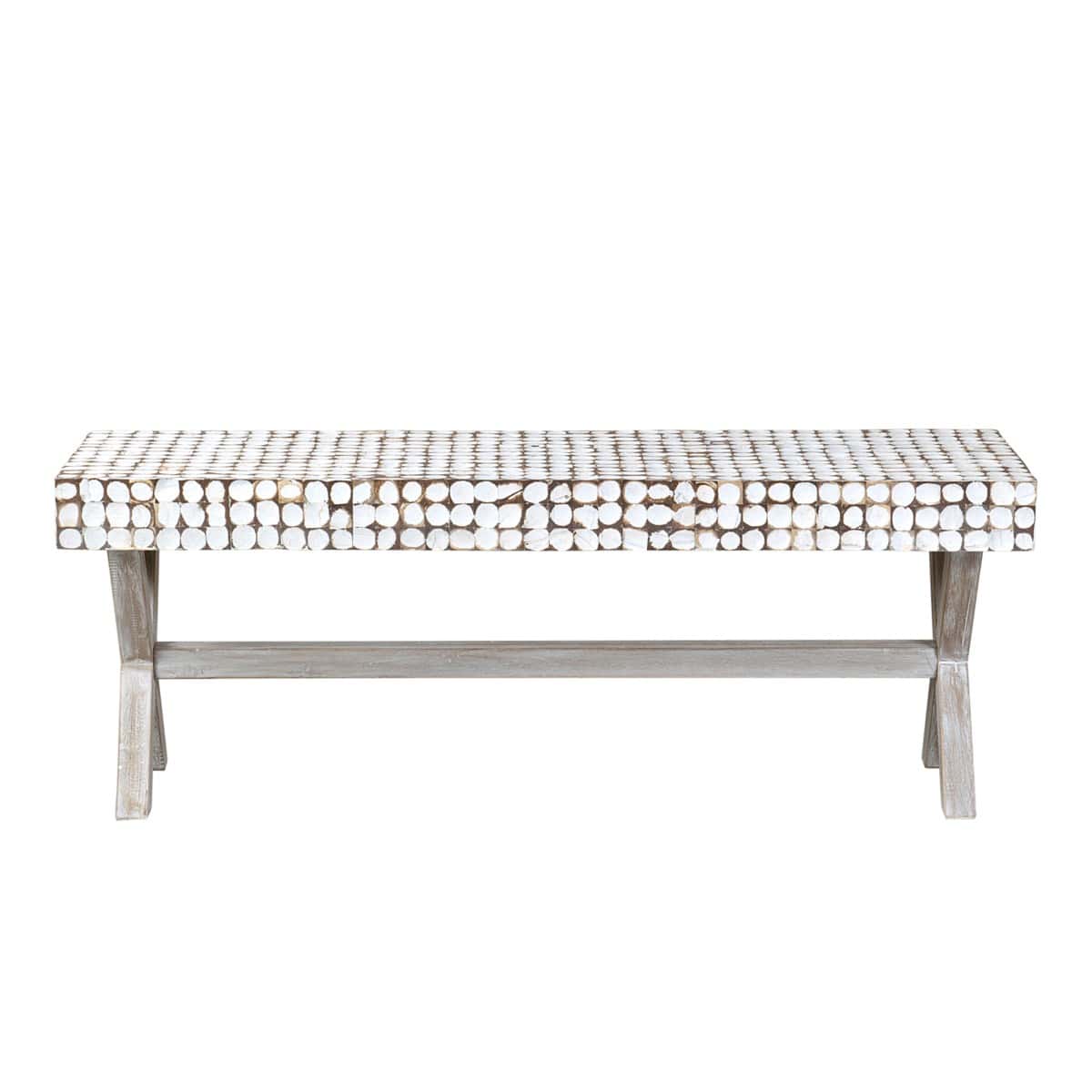 Bayside Coconut Shell Bench with X-Base (K/D) - White Patina by Jeffan | Benches | Modishstore
