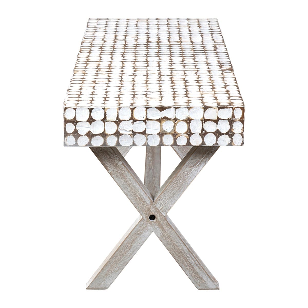 Bayside Coconut Shell Bench with X-Base (K/D) - White Patina by Jeffan | Benches | Modishstore - 2