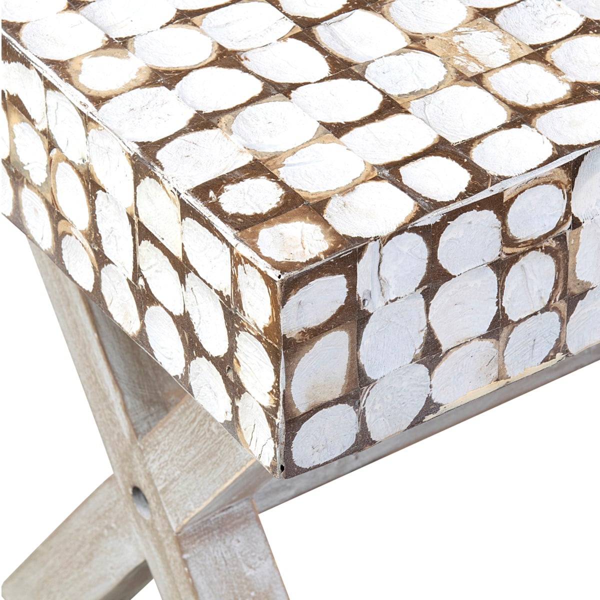 Bayside Coconut Shell Bench with X-Base (K/D) - White Patina by Jeffan | Benches | Modishstore - 3