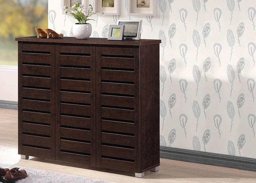 Baxton Studio Adalwin Modern and Contemporary 3-Door Dark Brown Wooden Entryway Shoes Storage Cabinet | Cabinets | Modishstore