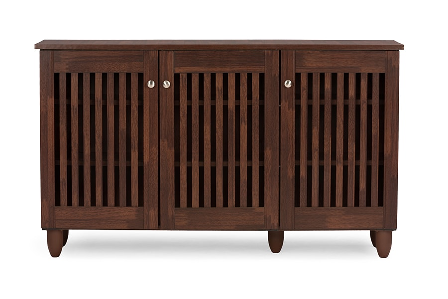 Baxton Studio Fernanda Modern and Contemporary 3-Door Oak Brown Wooden Entryway Shoes Storage Wide Cabinet | Modishstore | Cabinets