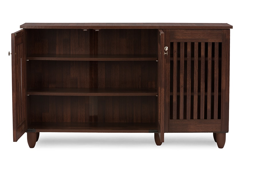 baxton studio fernanda modern and contemporary 3 door oak brown wooden entryway shoes storage wide cabinet | Modish Furniture Store-2