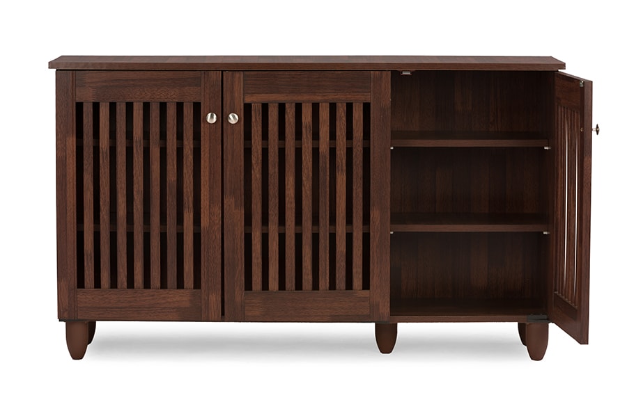 baxton studio fernanda modern and contemporary 3 door oak brown wooden entryway shoes storage wide cabinet | Modish Furniture Store-3
