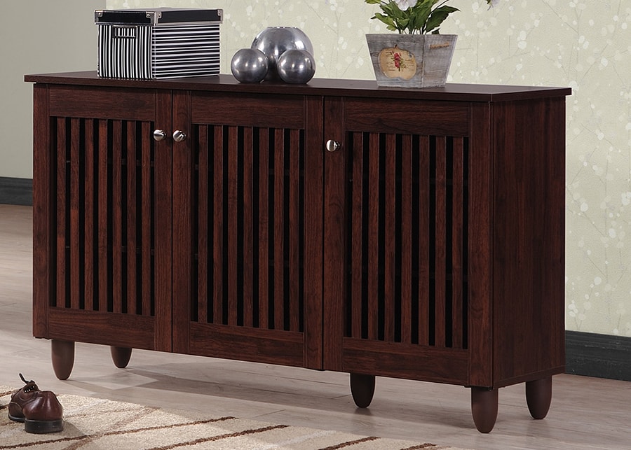 baxton studio fernanda modern and contemporary 3 door oak brown wooden entryway shoes storage wide cabinet | Modish Furniture Store-11