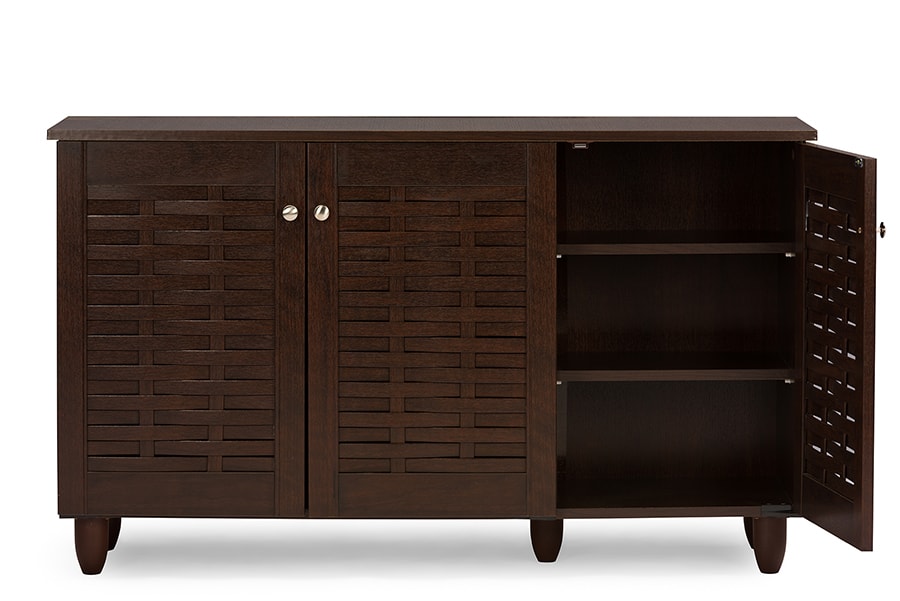 baxton studio fernanda modern and contemporary 3 door oak brown wooden entryway shoes storage wide cabinet | Modish Furniture Store-7