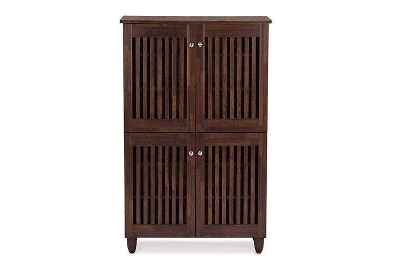 Baxton Studio Fernanda Modern and Contemporary 4-Door Oak Brown Wooden Entryway Shoes Storage Tall Cabinet | Modishstore | Cabinets