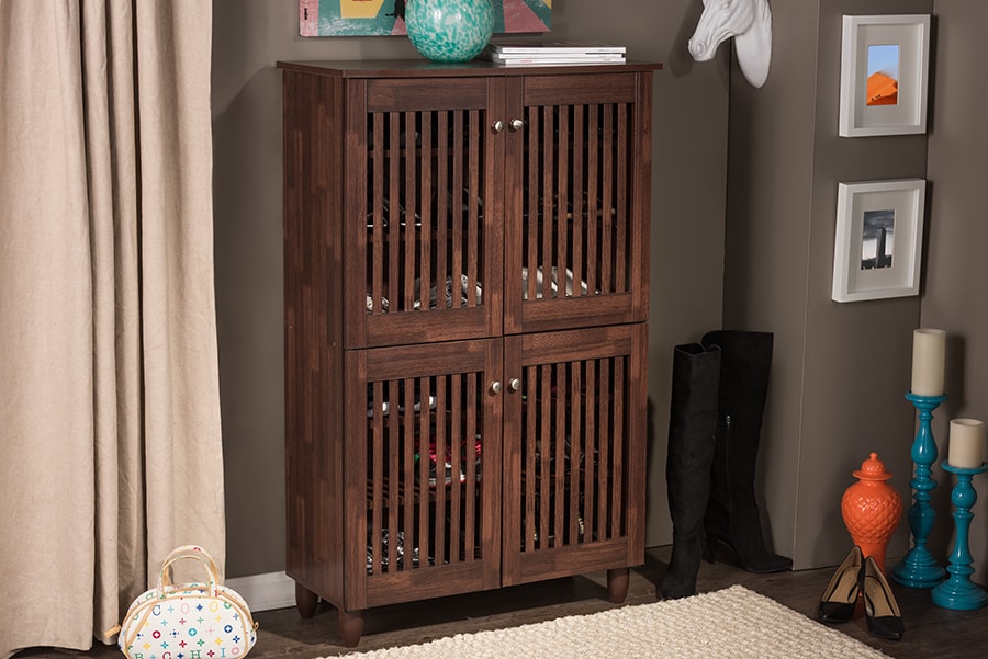 baxton studio fernanda modern and contemporary 4 door oak brown wooden entryway shoes storage tall cabinet | Modish Furniture Store-8